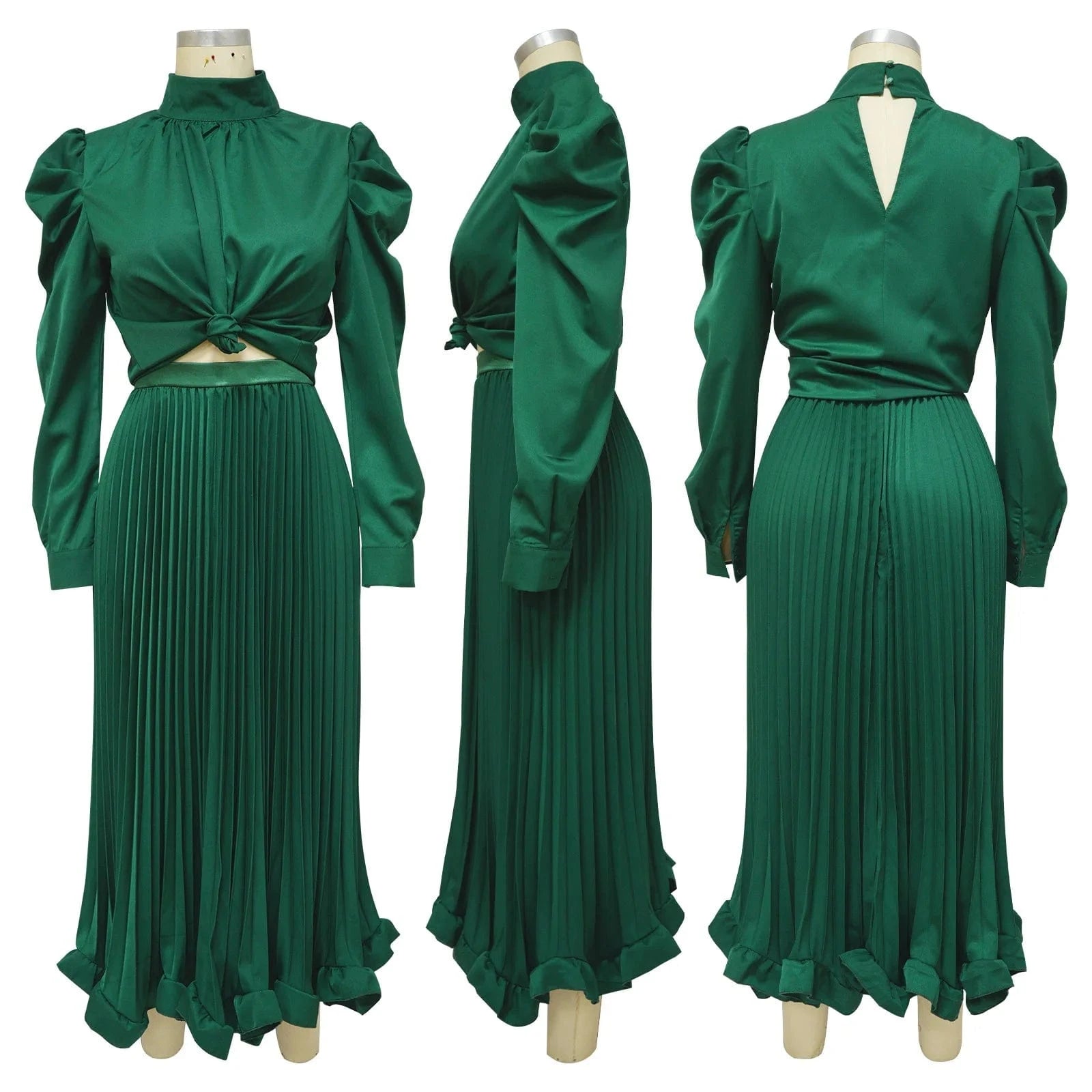 New Fashion Women Set Bubble Sleeve Top Ruffled Edge Pressed Pleated Skirt Two-Piece Set For Women clothing