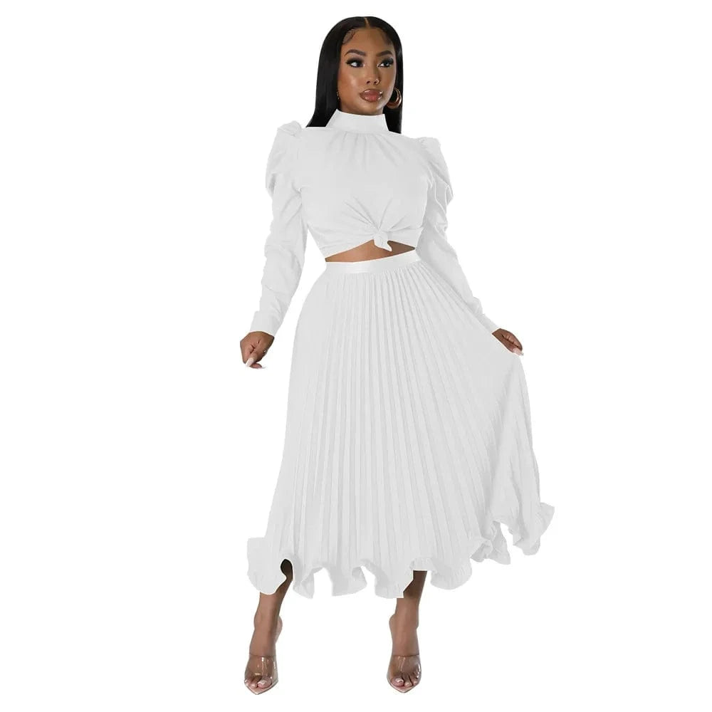 New Fashion Women Set Bubble Sleeve Top Ruffled Edge Pressed Pleated Skirt Two-Piece Set For Women clothing
