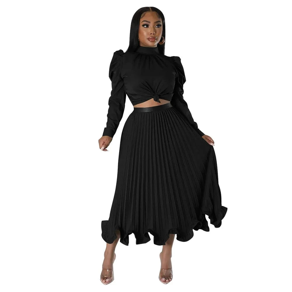 New Fashion Women Set Bubble Sleeve Top Ruffled Edge Pressed Pleated Skirt Two-Piece Set For Women clothing