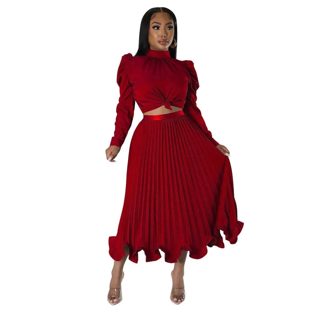 New Fashion Women Set Bubble Sleeve Top Ruffled Edge Pressed Pleated Skirt Two-Piece Set For Women clothing