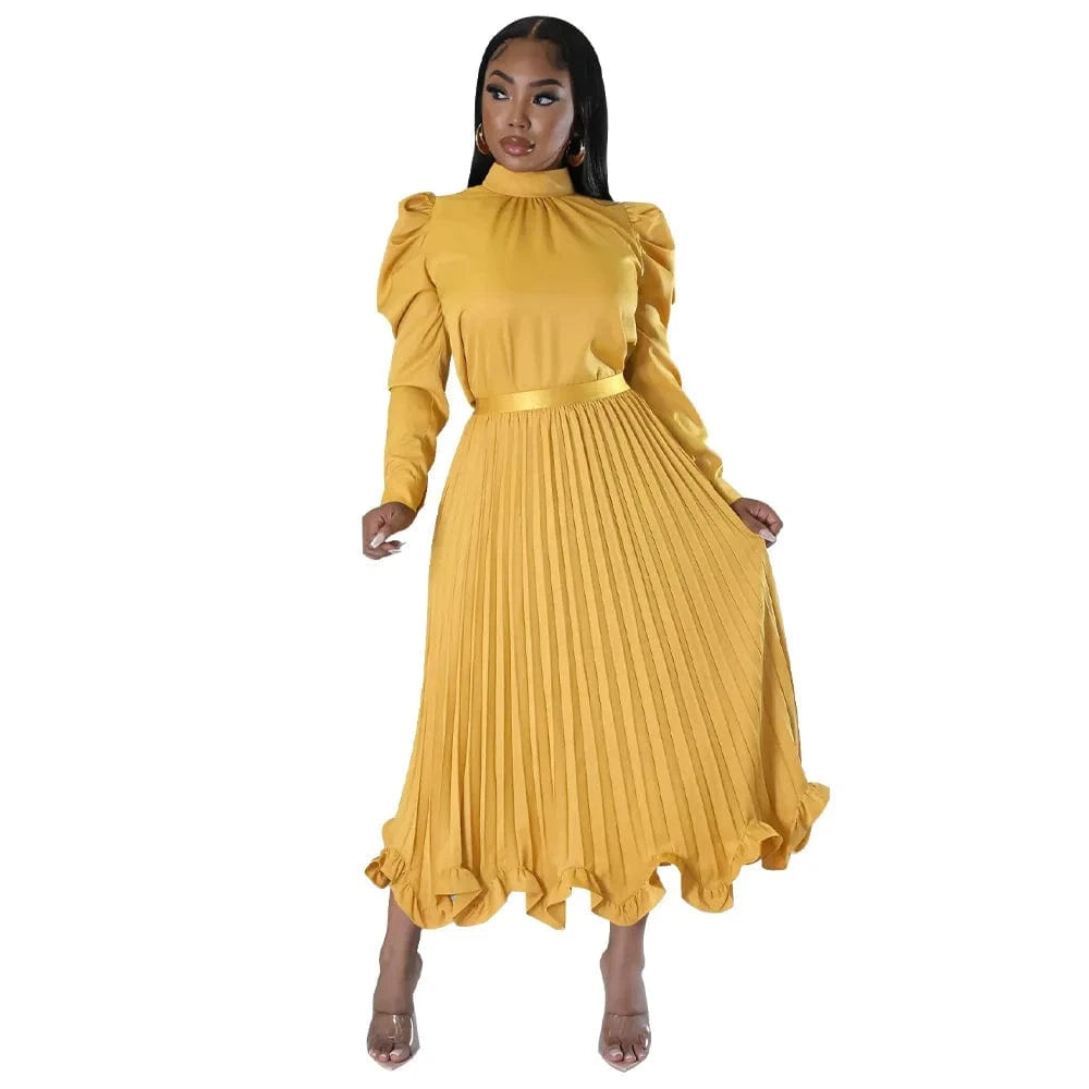 New Fashion Women Set Bubble Sleeve Top Ruffled Edge Pressed Pleated Skirt Two-Piece Set For Women clothing