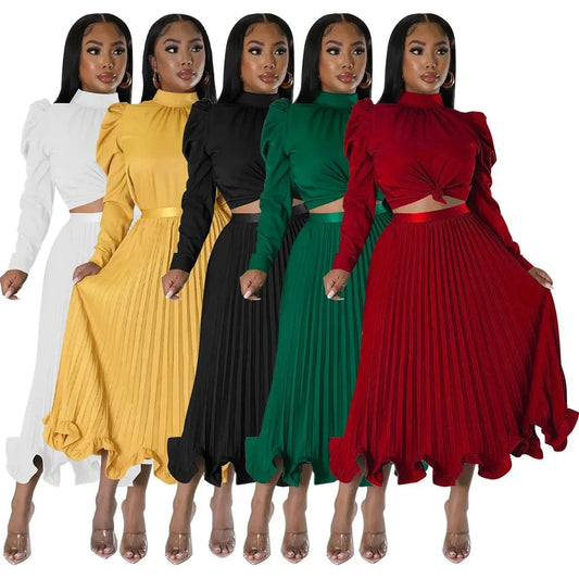 New Fashion Women Set Bubble Sleeve Top Ruffled Edge Pressed Pleated Skirt Two-Piece Set For Women clothing