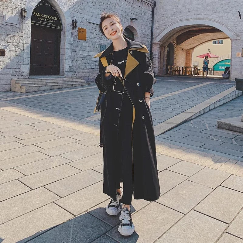 New Fashion Women Trench Coat Black Double-breasted with Belt Long Duster Coat for Lady Spring Autumn Female Outerwear 1 Piece