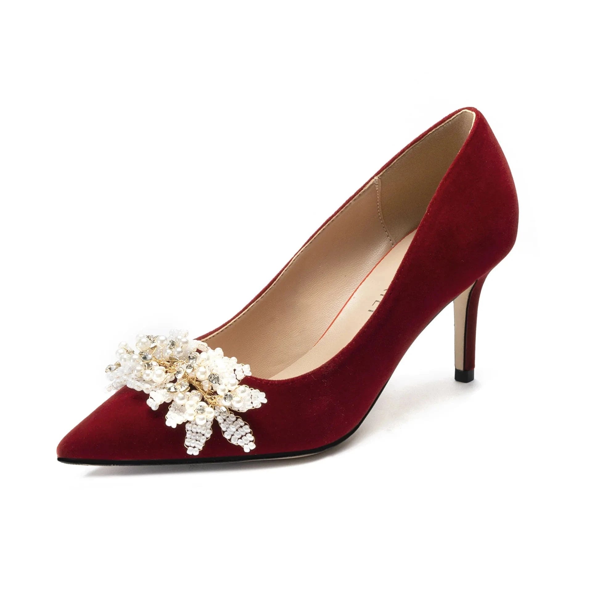 New Female Autumn Point Toe High Heels Shallow Blossom Pearls Pumps Shoes Outside Ladies Wedding Dress Sandals