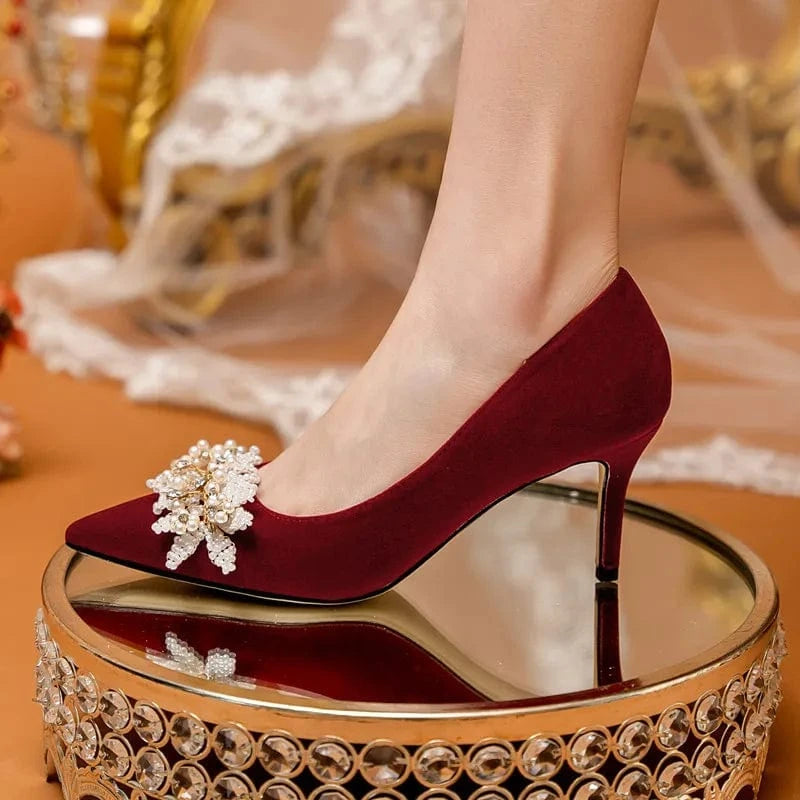 New Female Autumn Point Toe High Heels Shallow Blossom Pearls Pumps Shoes Outside Ladies Wedding Dress Sandals