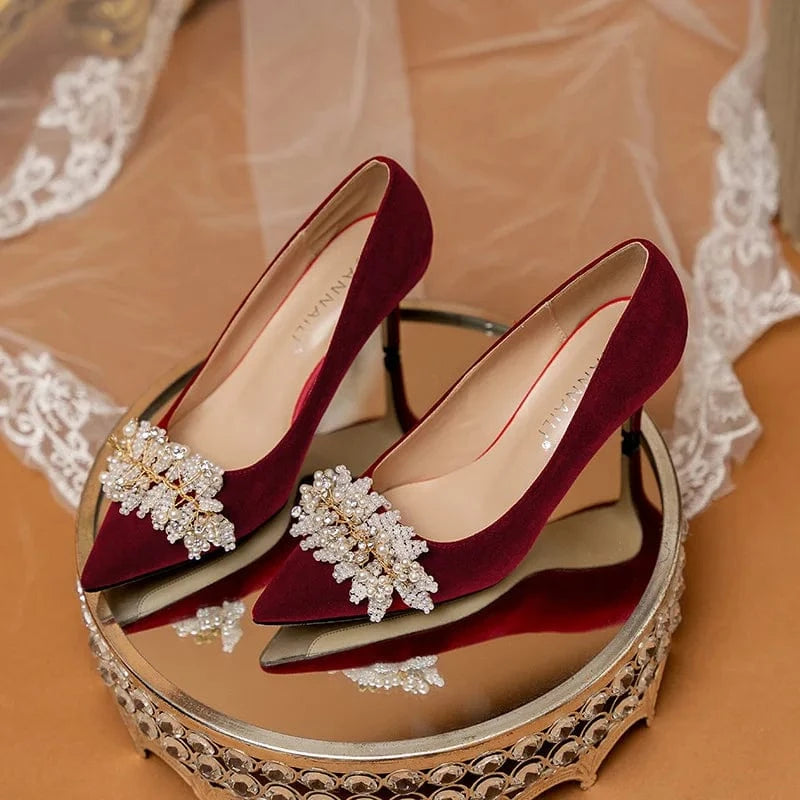 New Female Autumn Point Toe High Heels Shallow Blossom Pearls Pumps Shoes Outside Ladies Wedding Dress Sandals