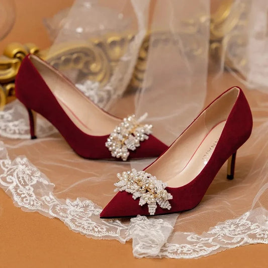 New Female Autumn Point Toe High Heels Shallow Blossom Pearls Pumps Shoes Outside Ladies Wedding Dress Sandals