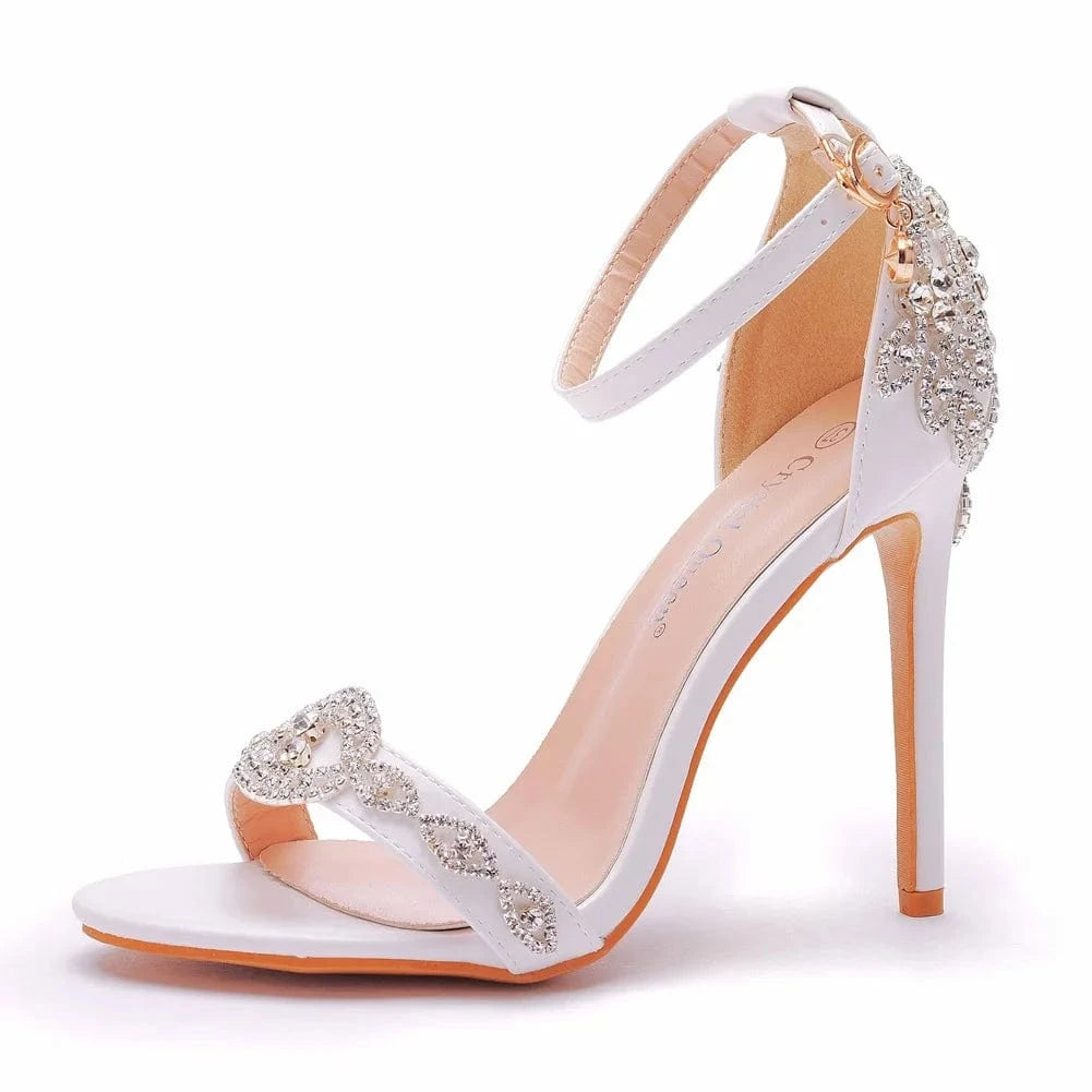 New Female Peep-toe Rhinestone Stiletto High Heel White PU Leather Pumps Ladies Wedding Sandals