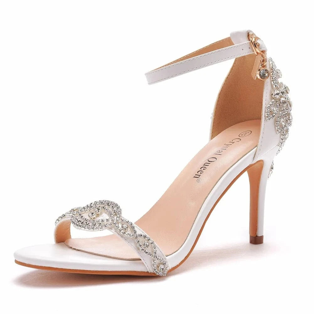 New Female Peep-toe Rhinestone Stiletto High Heel White PU Leather Pumps Ladies Wedding Sandals