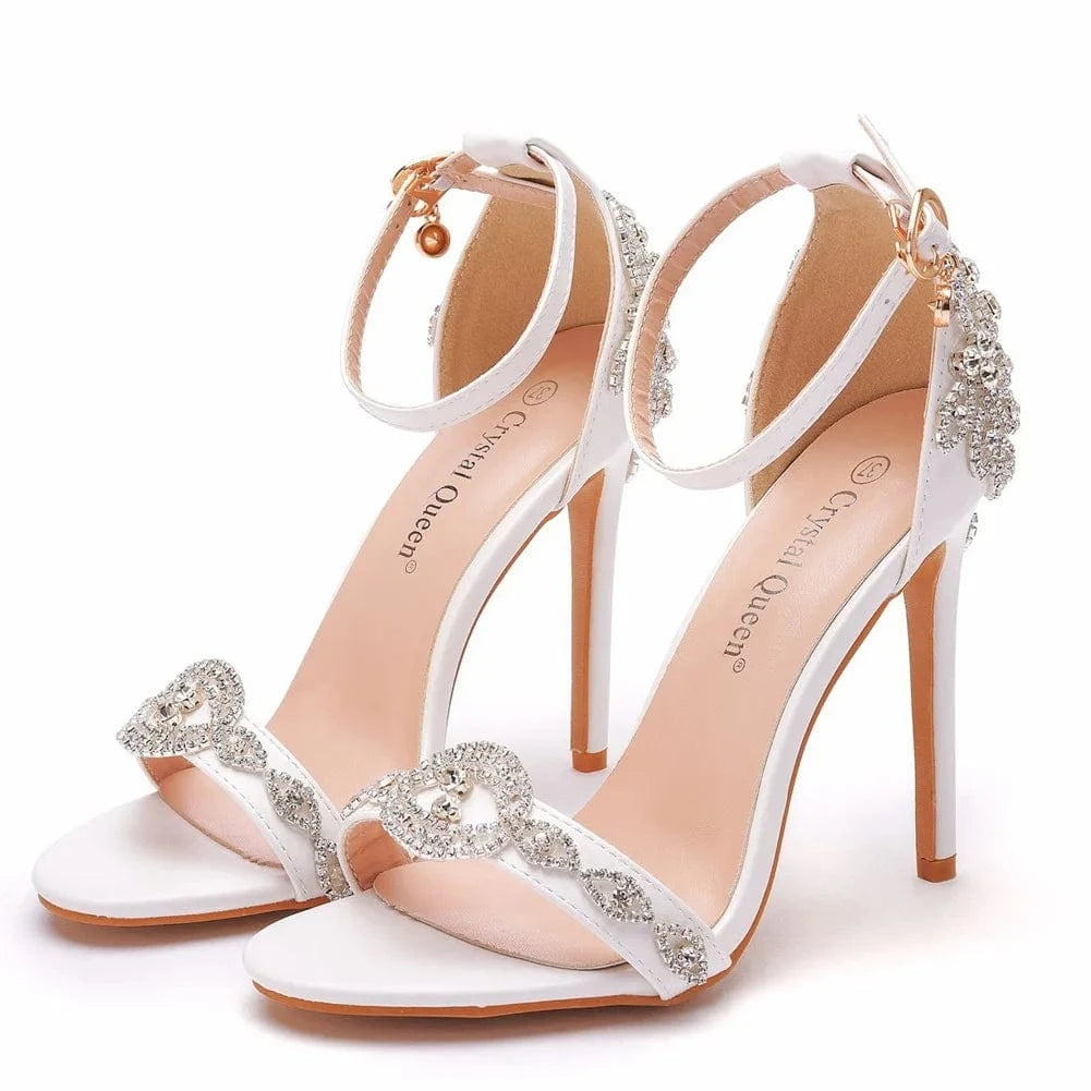 New Female Peep-toe Rhinestone Stiletto High Heel White PU Leather Pumps Ladies Wedding Sandals
