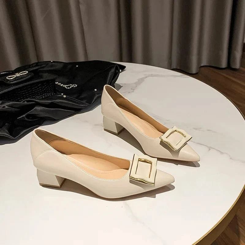 New Female Pointed-toe Buckle Block Heels Women Spring Autumn Mid Heels Outside Banquet Office Ladies Dress Shoes