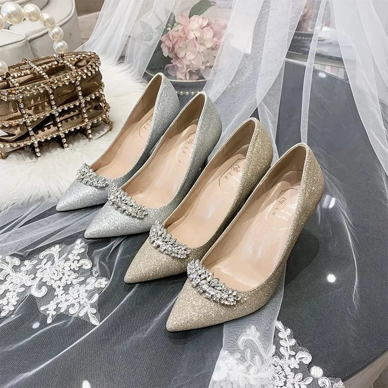 New Female Pointed-toe Rhinestone Wedding Dress Sandals Shallow Sequins Banquet Ladies High Heels Stilettos