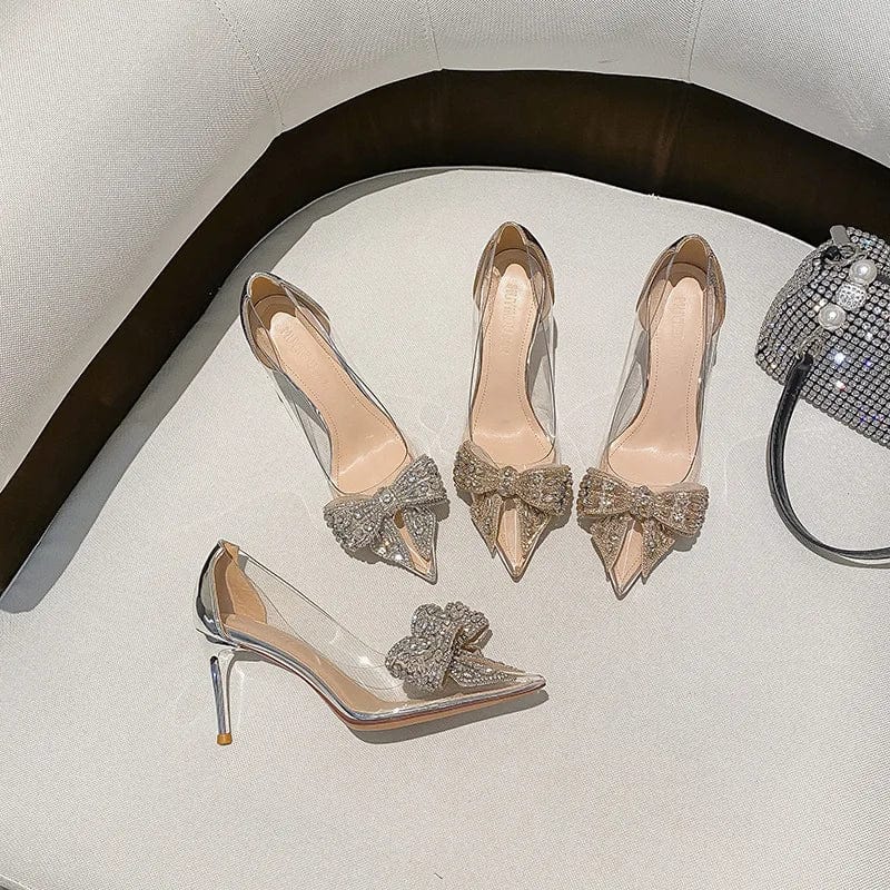 New Female Spring Crystal Transparent High Heels Stilettos for Ladies Point Toe Bowknot Rhinestone Women Sandals