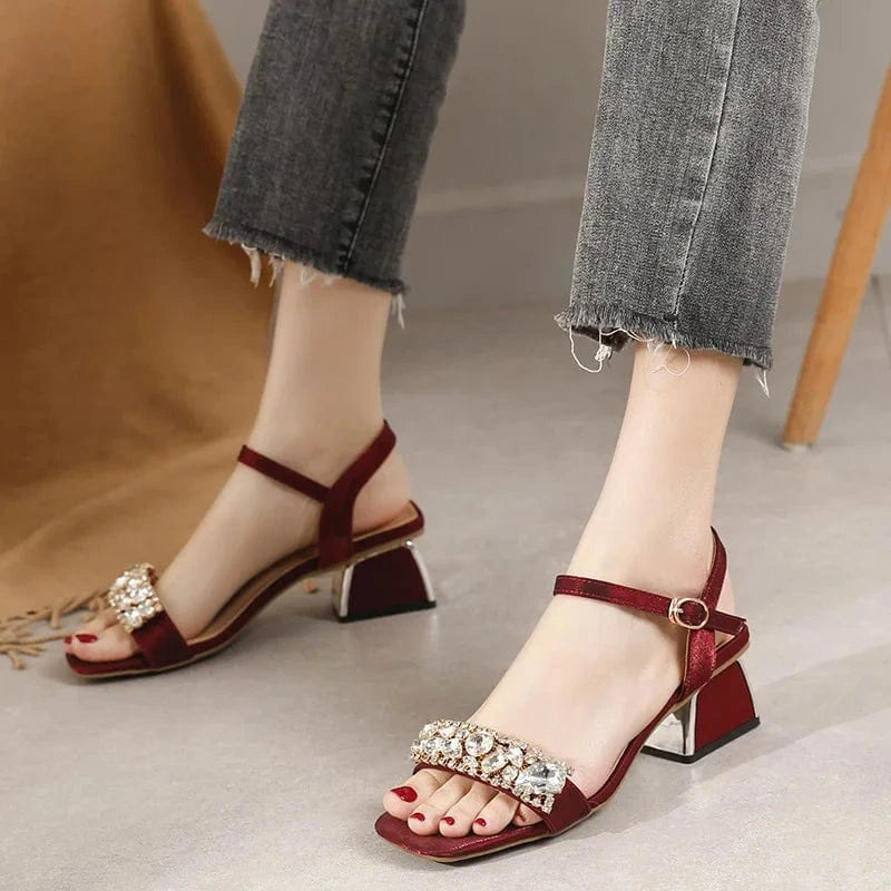 New Female Square-toe Rhinestone Block Heels Women Peep-toe T-strap Buckle High Heels Sandal