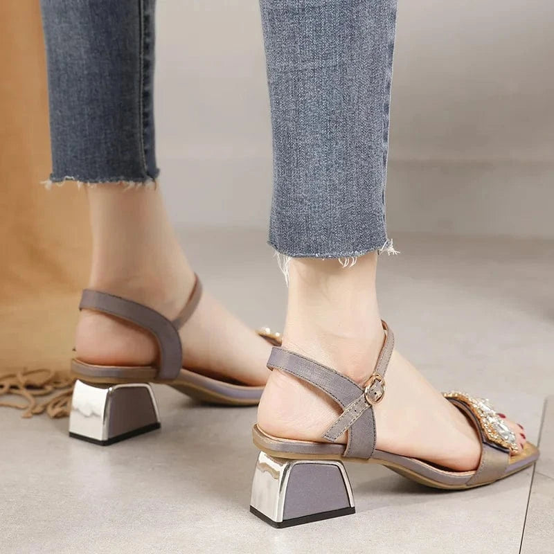 New Female Square-toe Rhinestone Block Heels Women Peep-toe T-strap Buckle High Heels Sandal