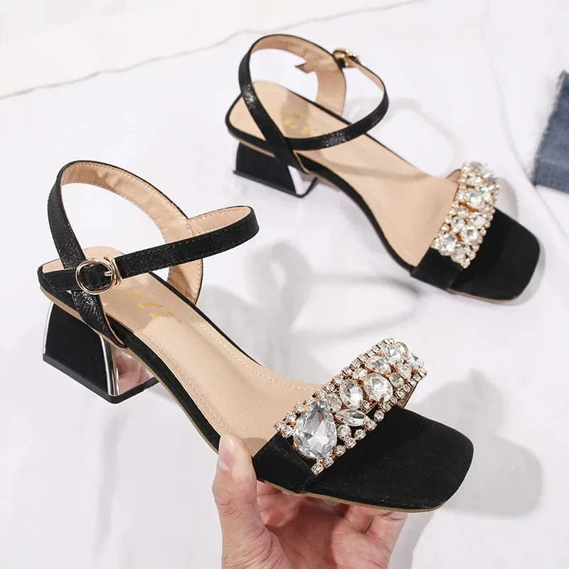 New Female Square-toe Rhinestone Block Heels Women Peep-toe T-strap Buckle High Heels Sandal