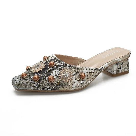 New Female Square-toe Silk Satin Sandals Spring Summer Block Heels Outside Hollow Out Daily Ladies Slippers