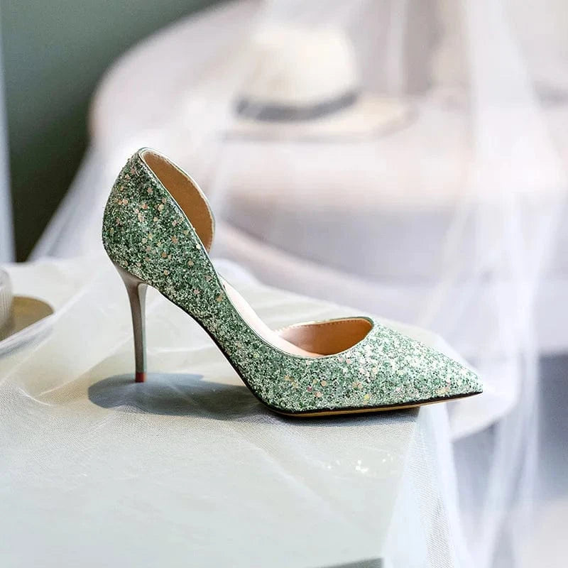 New Female Summer Crystal High Heels Women Pointed-toe Hollow Out Sequins Stilettos Outside Banquet Ladies Dress Sandals