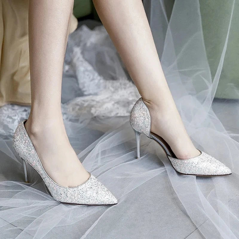 New Female Summer Crystal High Heels Women Pointed-toe Hollow Out Sequins Stilettos Outside Banquet Ladies Dress Sandals
