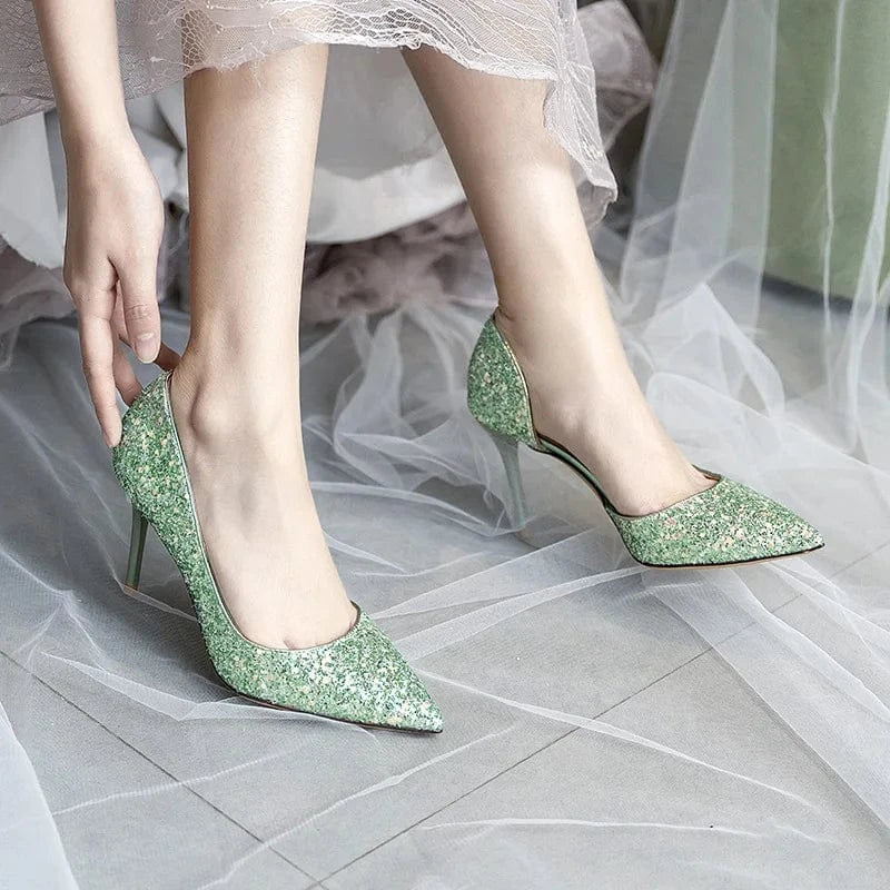 New Female Summer Crystal High Heels Women Pointed-toe Hollow Out Sequins Stilettos Outside Banquet Ladies Dress Sandals