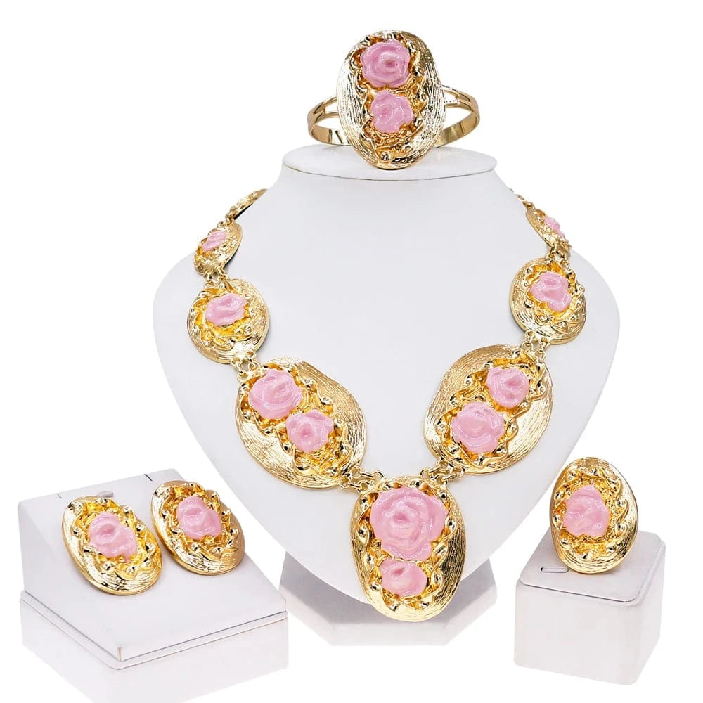 NEW / Gold Yulaili Italian Gold Plated Jewelry Big Necklace Romantic Flower Shape Bracelet Earrings Ring Women Wedding Jewelry Sets Bridal