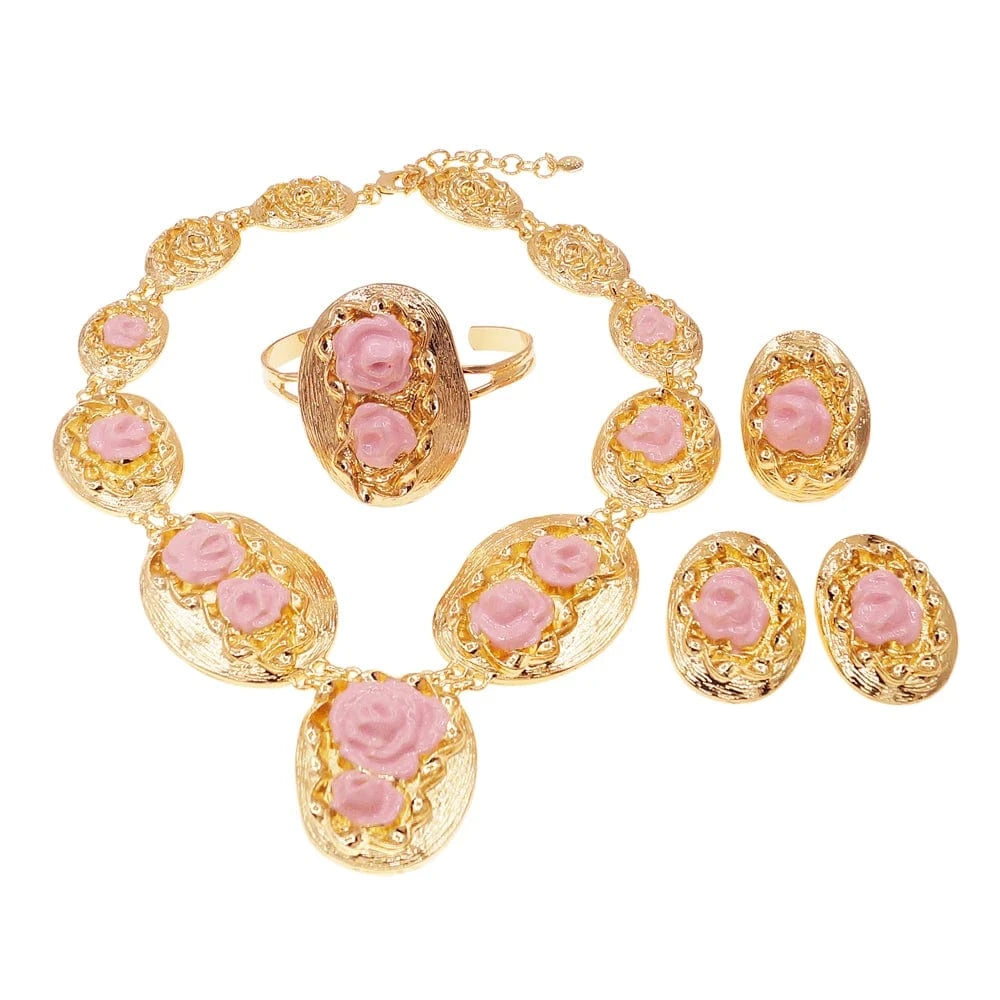 NEW / Gold Yulaili Italian Gold Plated Jewelry Big Necklace Romantic Flower Shape Bracelet Earrings Ring Women Wedding Jewelry Sets Bridal