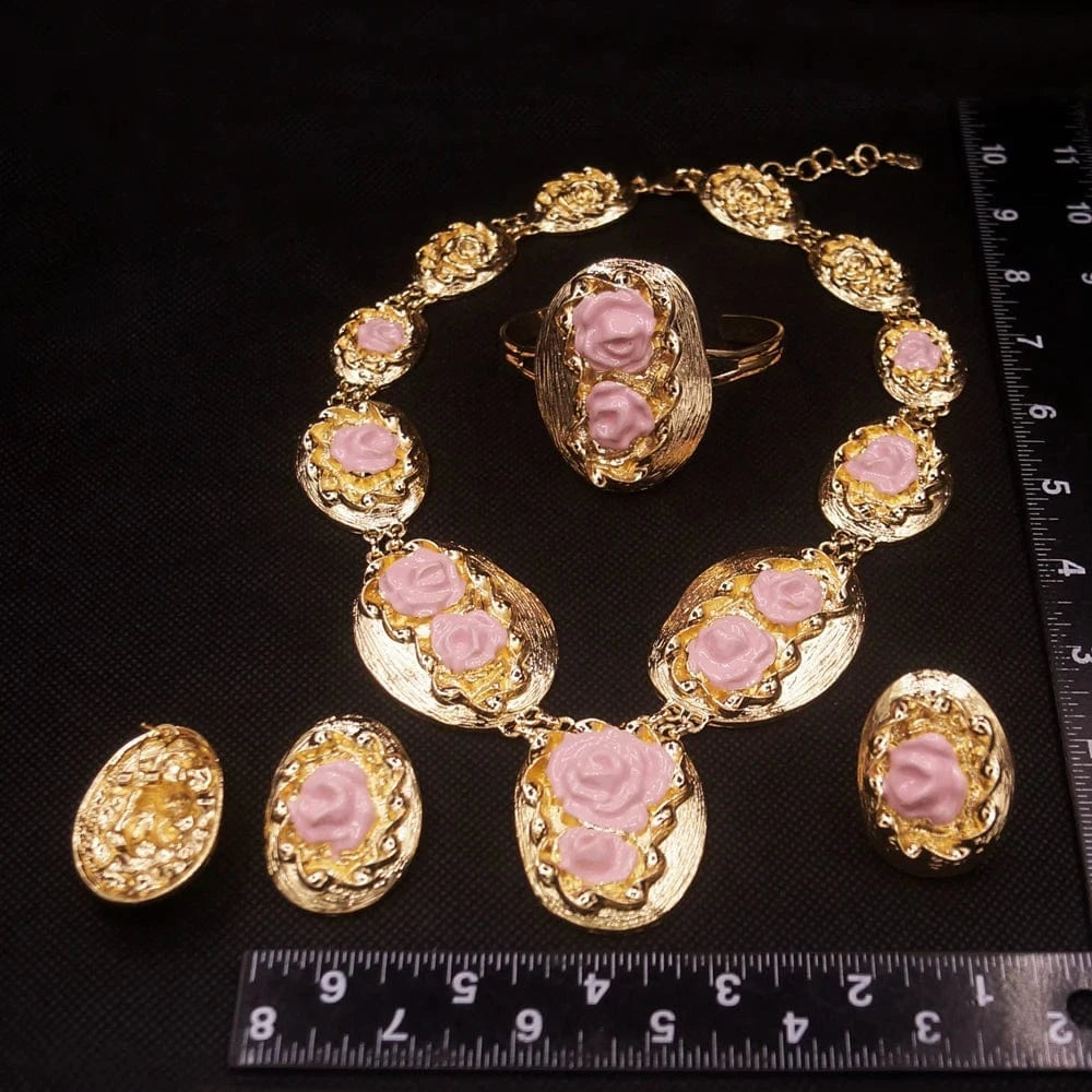NEW / Gold Yulaili Italian Gold Plated Jewelry Big Necklace Romantic Flower Shape Bracelet Earrings Ring Women Wedding Jewelry Sets Bridal
