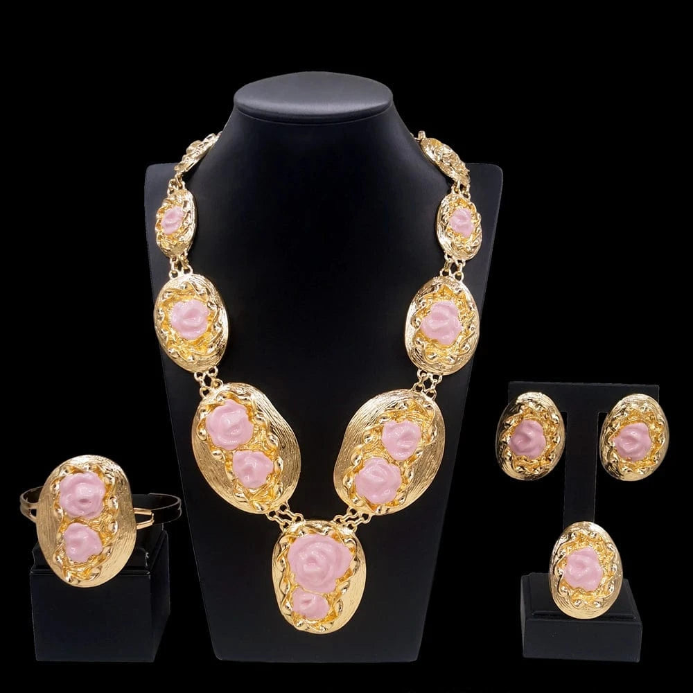 NEW / Gold Yulaili Italian Gold Plated Jewelry Big Necklace Romantic Flower Shape Bracelet Earrings Ring Women Wedding Jewelry Sets Bridal