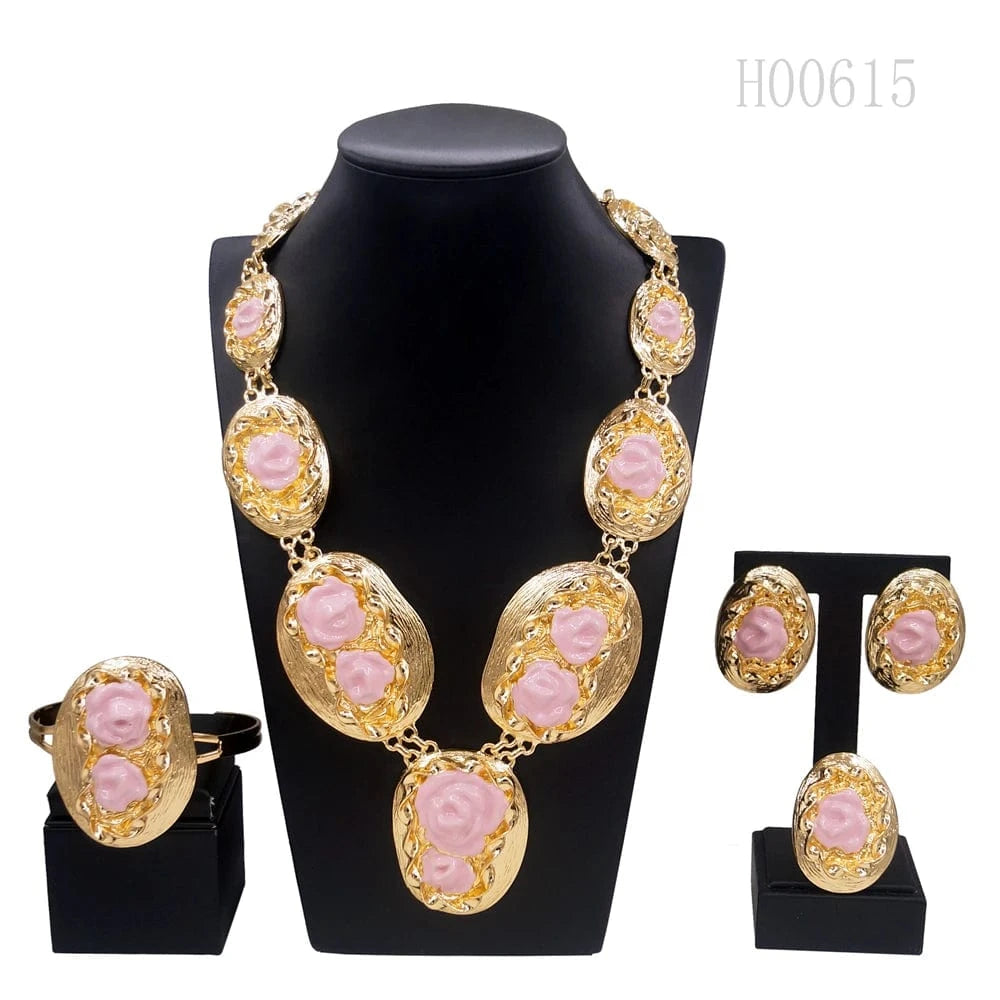 NEW / Gold Yulaili Italian Gold Plated Jewelry Big Necklace Romantic Flower Shape Bracelet Earrings Ring Women Wedding Jewelry Sets Bridal