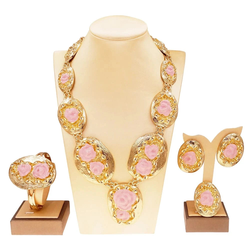 NEW / Gold Yulaili Italian Gold Plated Jewelry Big Necklace Romantic Flower Shape Bracelet Earrings Ring Women Wedding Jewelry Sets Bridal