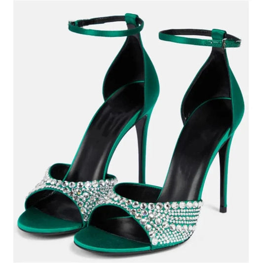 New Green Fashion 2023 Femme Heels Hollow Stiletto Sandals For Women Pointed Rhinestone Heel Sexy Party Pumps High Heels