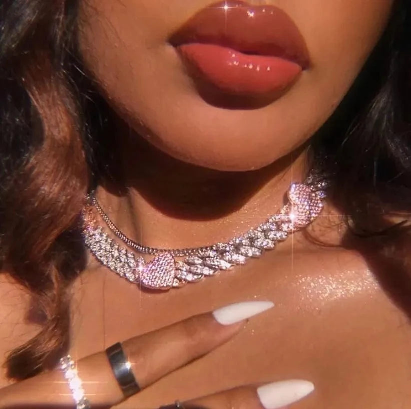 New Iced Out Bling CZ Miami Cuban Link Chain Heart Necklace 12MM Two Tone Color Pink Heart Charm Choker Women Hip Hop Jewelry