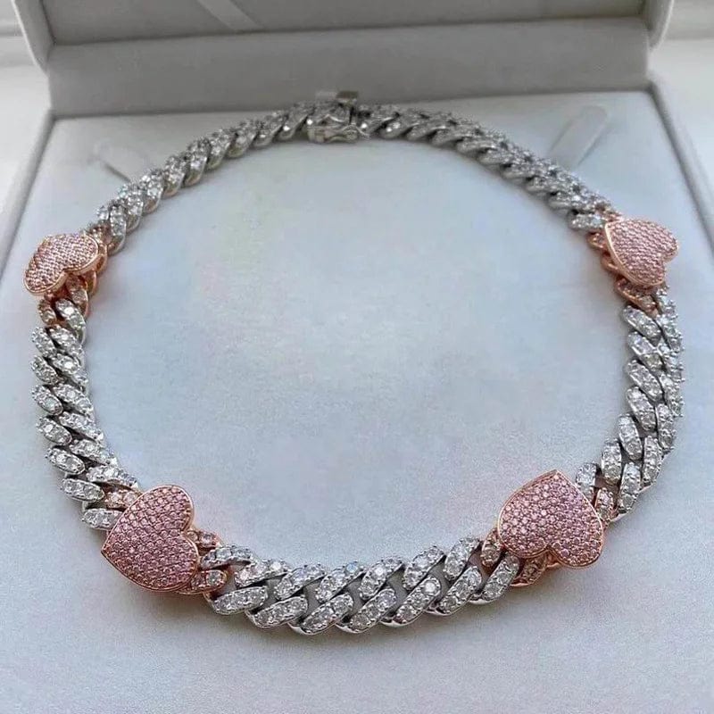 New Iced Out Bling CZ Miami Cuban Link Chain Heart Necklace 12MM Two Tone Color Pink Heart Charm Choker Women Hip Hop Jewelry