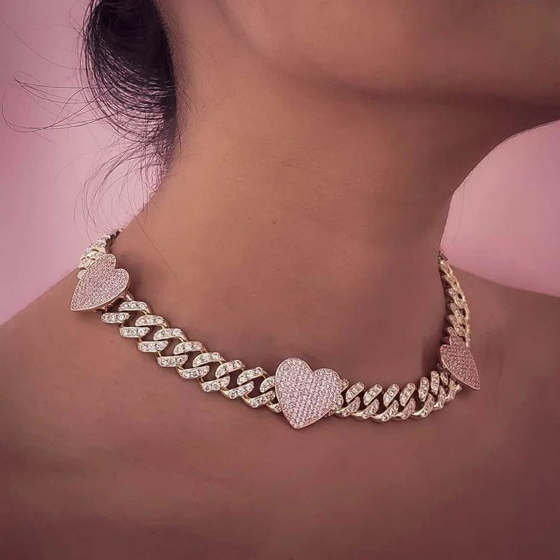 New Iced Out Bling CZ Miami Cuban Link Chain Heart Necklace 12MM Two Tone Color Pink Heart Charm Choker Women Hip Hop Jewelry