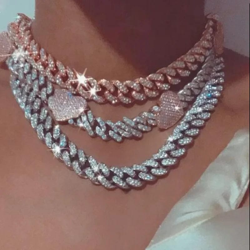 New Iced Out Bling CZ Miami Cuban Link Chain Heart Necklace 12MM Two Tone Color Pink Heart Charm Choker Women Hip Hop Jewelry