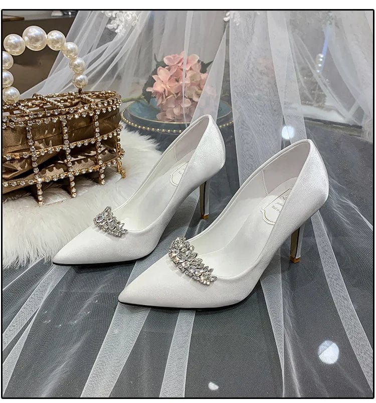 New Ladies Wedding Dress Sandals Women Silk Satin Shallow Rhinestone Pumps Spring Summer High Heels Stilettos