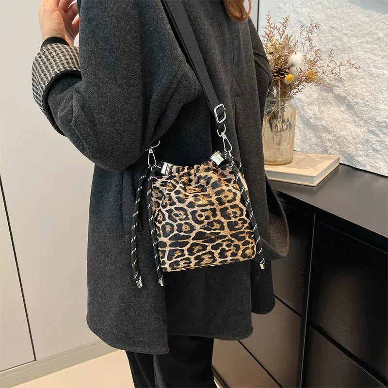 New Leopard Print Bag Fashion Cow Pattern Drawstring Bucket Bag Texture Brand Design Crossbody Bag Lady Versatile Storage Bag - SN Wigs & More