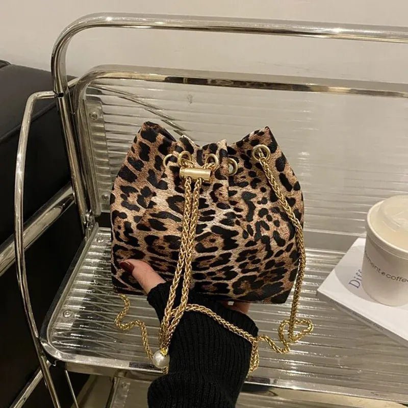 New Leopard Print Bag Fashion Cow Pattern Drawstring Bucket Bag Texture Brand Design Crossbody Bag Lady Versatile Storage Bag - SN Wigs & More