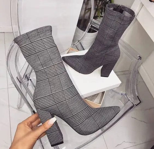 New model short Plaid boot square heel boots for women fancy heel ladies pointed toe boot shoes