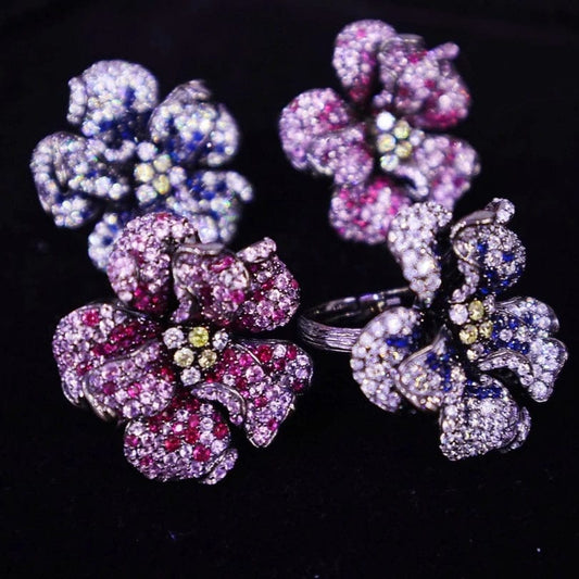 New Natural Flower Diamond Adjustable Opening Ring Handmade 925 Sterling Silver Jewelry for Women