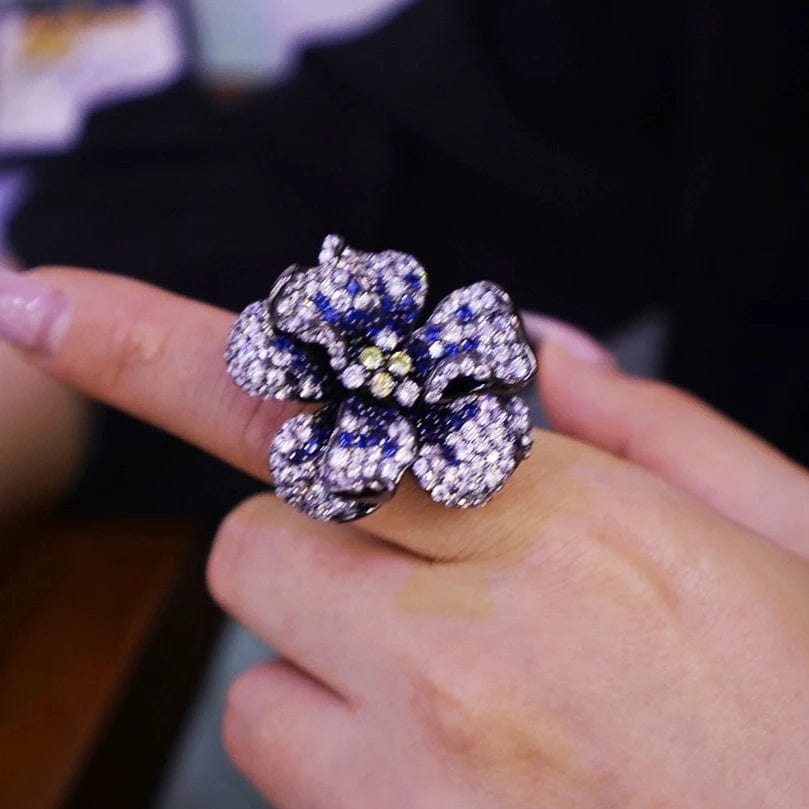 New Natural Flower Diamond Adjustable Opening Ring Handmade 925 Sterling Silver Jewelry for Women