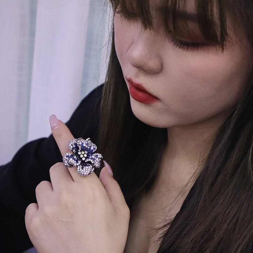 New Natural Flower Diamond Adjustable Opening Ring Handmade 925 Sterling Silver Jewelry for Women