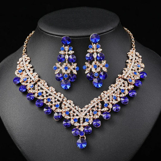 New Necklace Earrings 2 Piece Suit Dark Blue Collar Female Accessories Blue Crystal Jewelry Set Wedding Bride Pendant Wholesale
