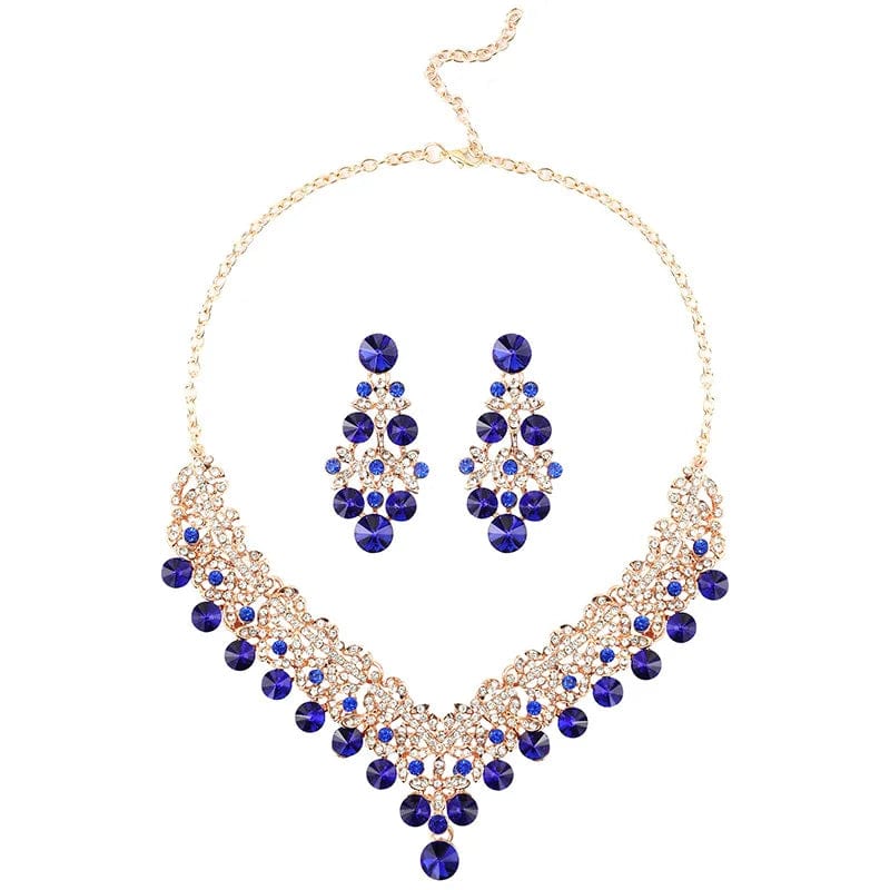 New Necklace Earrings 2 Piece Suit Dark Blue Collar Female Accessories Blue Crystal Jewelry Set Wedding Bride Pendant Wholesale