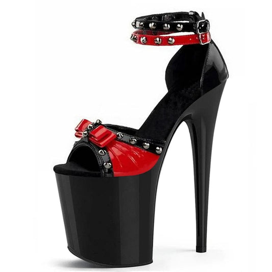 New Nightclub Red Black Women's Models 20cm Rivet Retro Peep Toe 8Inch Stripper Pole Dance Bride Bowknot Thin Heels Punk Catwalk