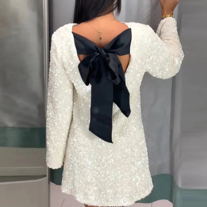 New O - Neck Autumn Winter Party Dress, Women Loungewear Fashon Long Sleeve Mini Dress, Solid Lace - Up Sequins Ladies Dress Vestido - SN Wigs & More