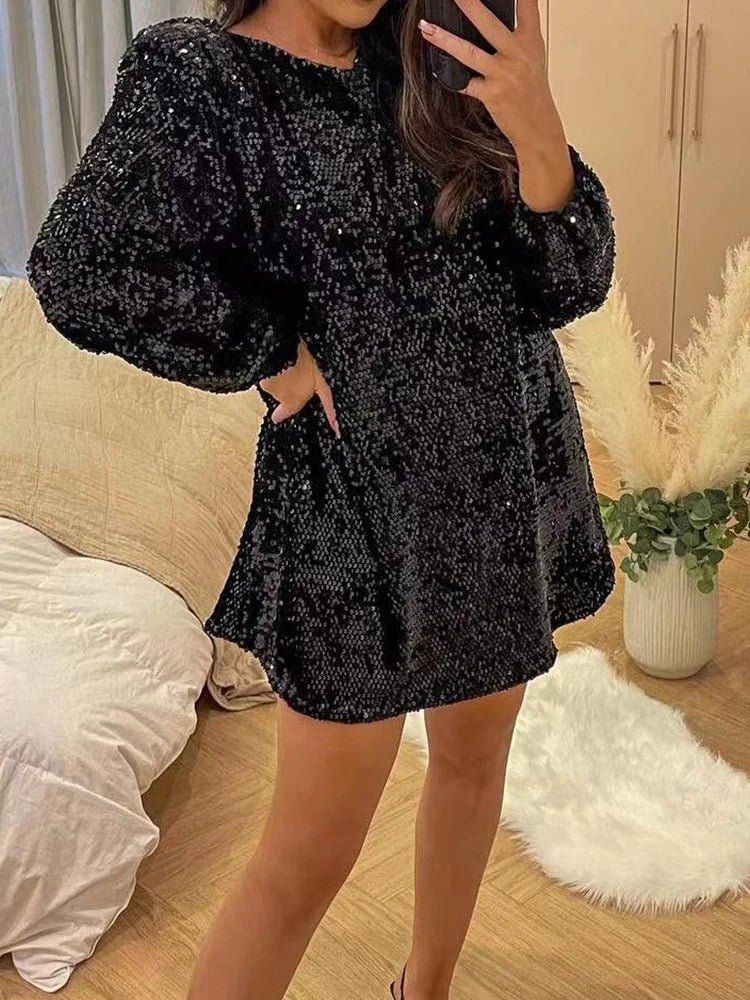 New O - Neck Autumn Winter Party Dress, Women Loungewear Fashon Long Sleeve Mini Dress, Solid Lace - Up Sequins Ladies Dress Vestido - SN Wigs & More