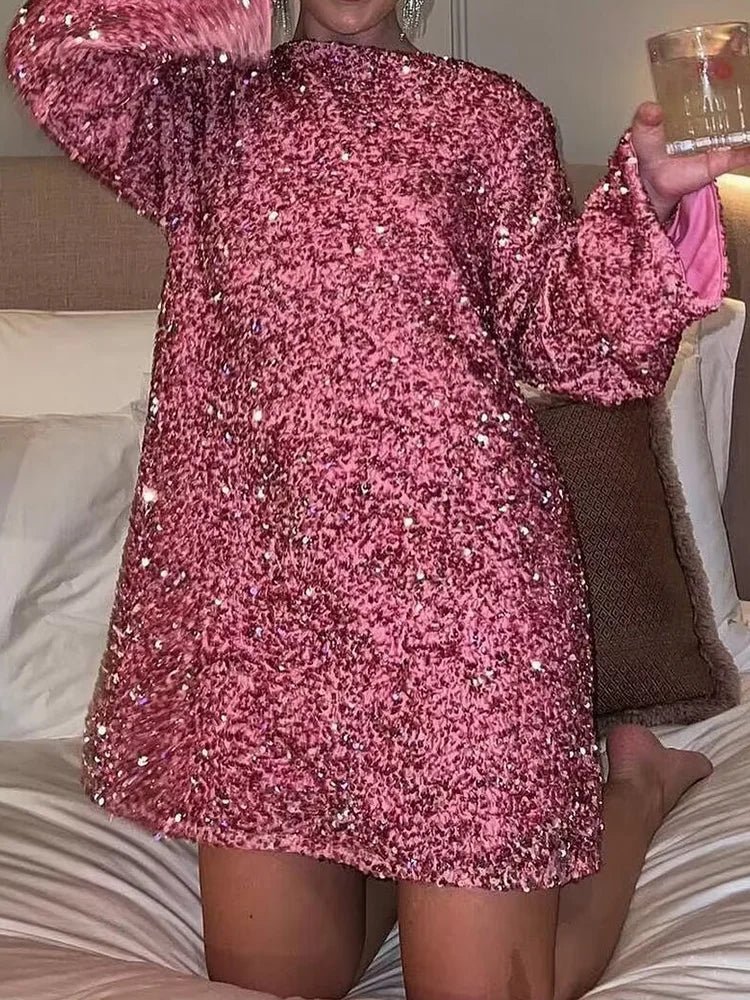 New O - Neck Autumn Winter Party Dress, Women Loungewear Fashon Long Sleeve Mini Dress, Solid Lace - Up Sequins Ladies Dress Vestido - SN Wigs & More