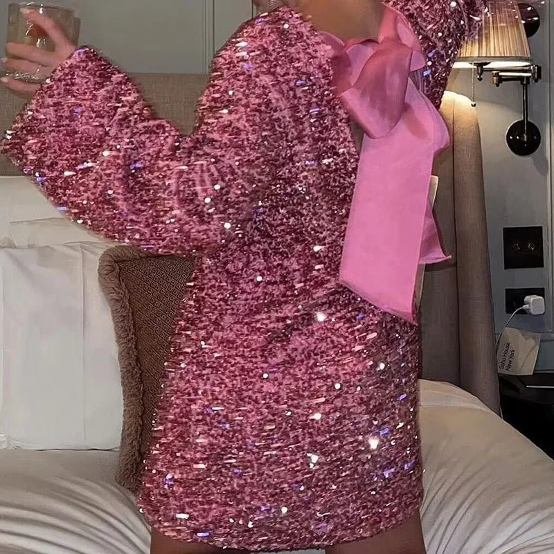 New O - Neck Autumn Winter Party Dress, Women Loungewear Fashon Long Sleeve Mini Dress, Solid Lace - Up Sequins Ladies Dress Vestido - SN Wigs & More