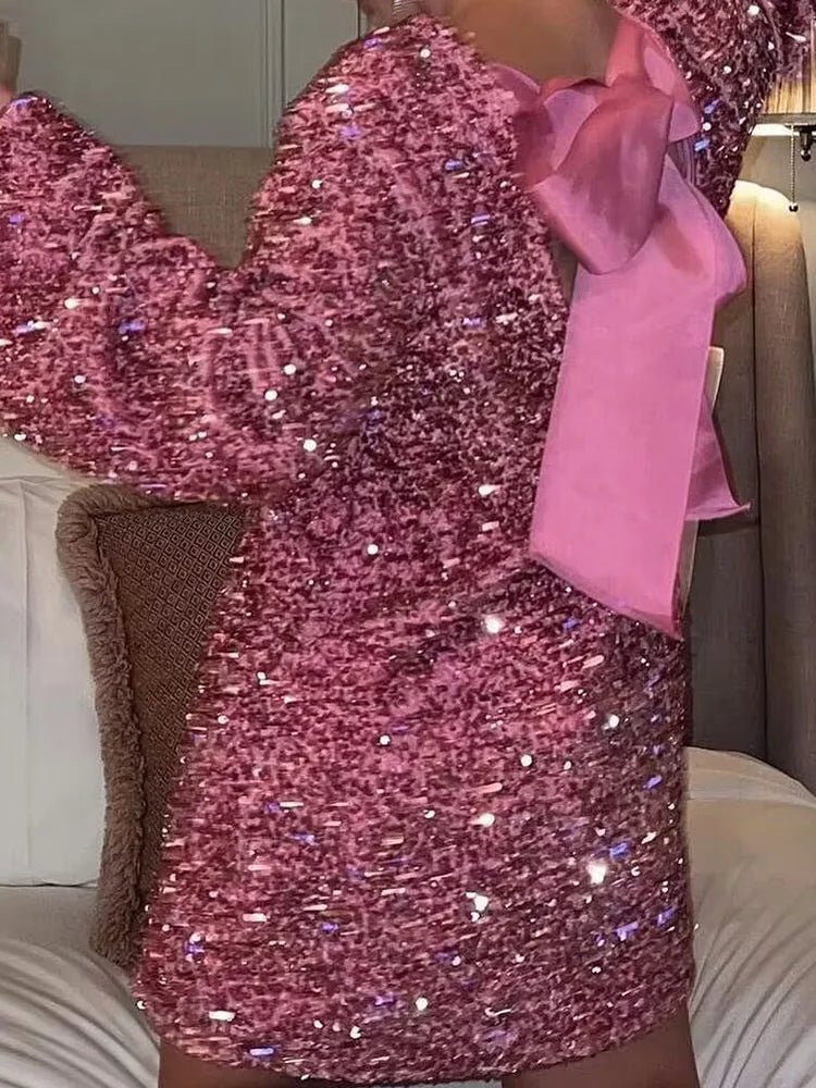 New O - Neck Autumn Winter Party Dress, Women Loungewear Fashon Long Sleeve Mini Dress, Solid Lace - Up Sequins Ladies Dress Vestido - SN Wigs & More